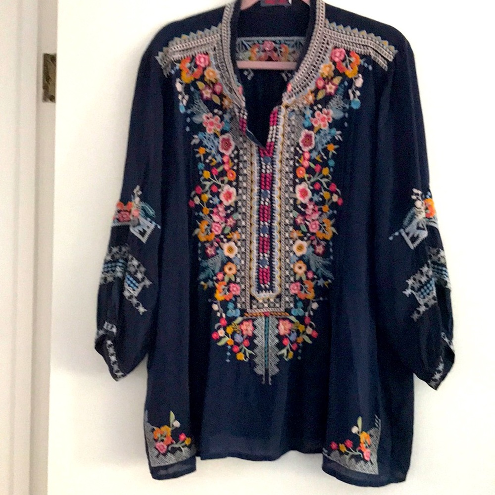 Johnny Was XXL navy blue embroidered top